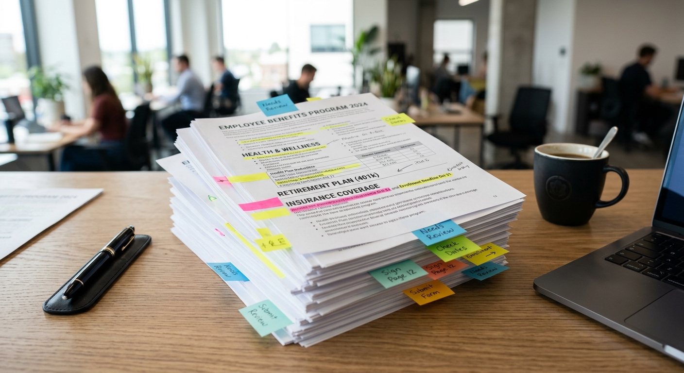 Employee benefits paperwork on office desk