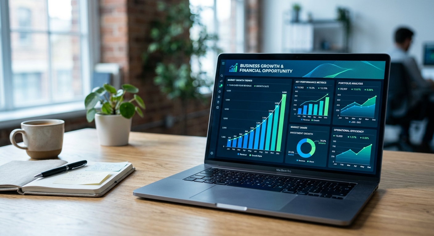 Business analytics dashboard with upward trending graphs
