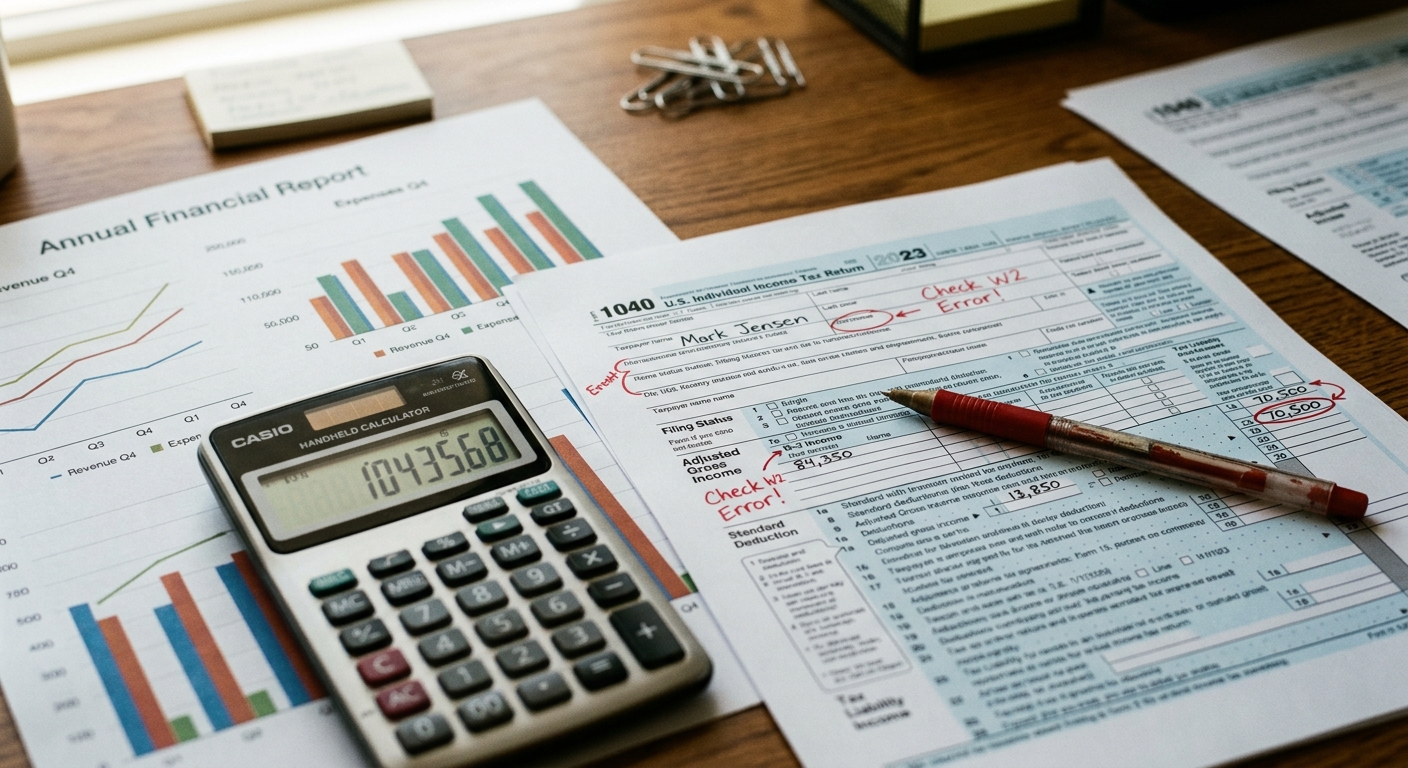 Tax documents and calculator on desk